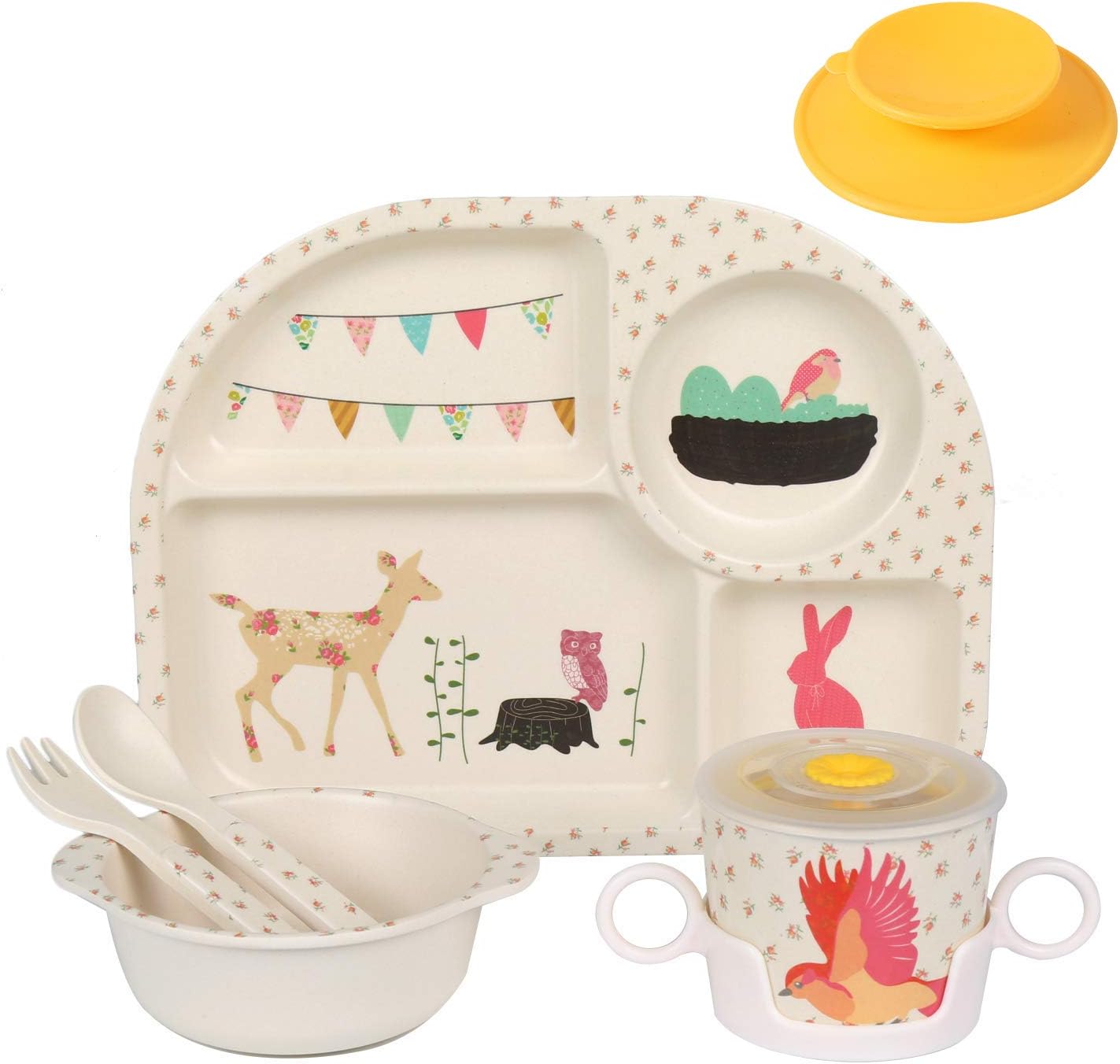 shopwithgreen 7Pcs/Set Bamboo Kids Dinnerware Set - Children Dishes - Food Plate Bowl Cup Spoon Fork Set Dishware, Cartoon Tableware, Dishwasher Safe Kids Healthy Mealtime, BPA Free