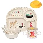 shopwithgreen 7Pcs/Set Bamboo Kids Dinnerware Set - Children Dishes - Food Plate Bowl Cup Spoon Fork Set Dishware, Cartoon Tableware, Dishwasher Safe Kids Healthy Mealtime, BPA Free