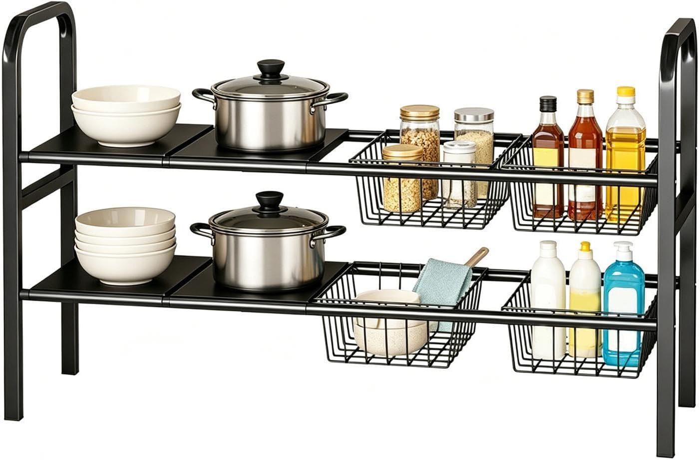 Under Sink Organizer | 2 Tier Adjustable Rack | Under Sink Storage Organizer With 4 Baskets 4 Panels | Multipurpose For Home Kitchen Bathroom Pantry Laundry Garage Apartment