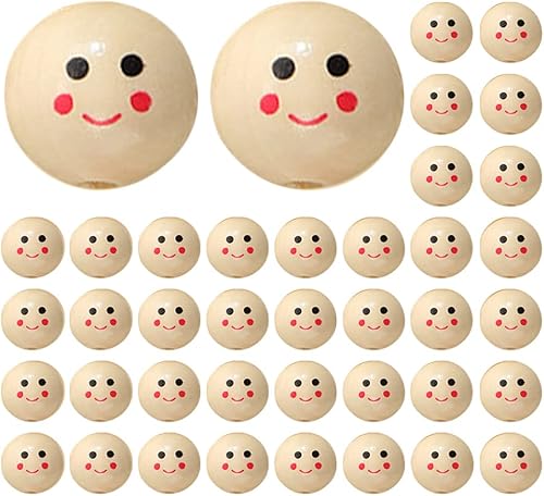 YILUXIANGYANG 40 cuentas de madera con cara sonriente, bolas redondas de madera, espaciador, cuentas de madera impresas para manualidades, disponible en Yaxa Colombia
