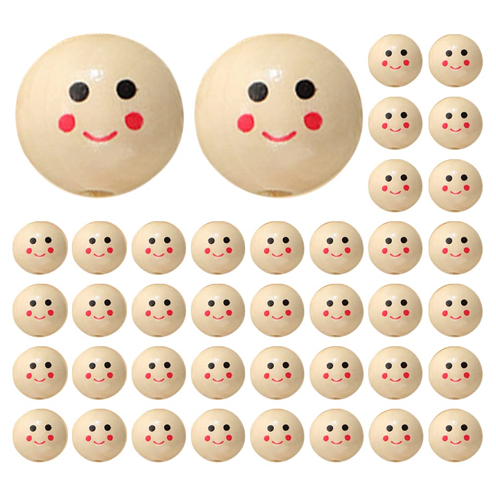 YILUXIANGYANG 40 Pcs Wooden Beads Smile Face Wood Round Ball Beads Spacer Printed Wooden Beads for DIY Craft Art Jewelry Making (B red Color)
