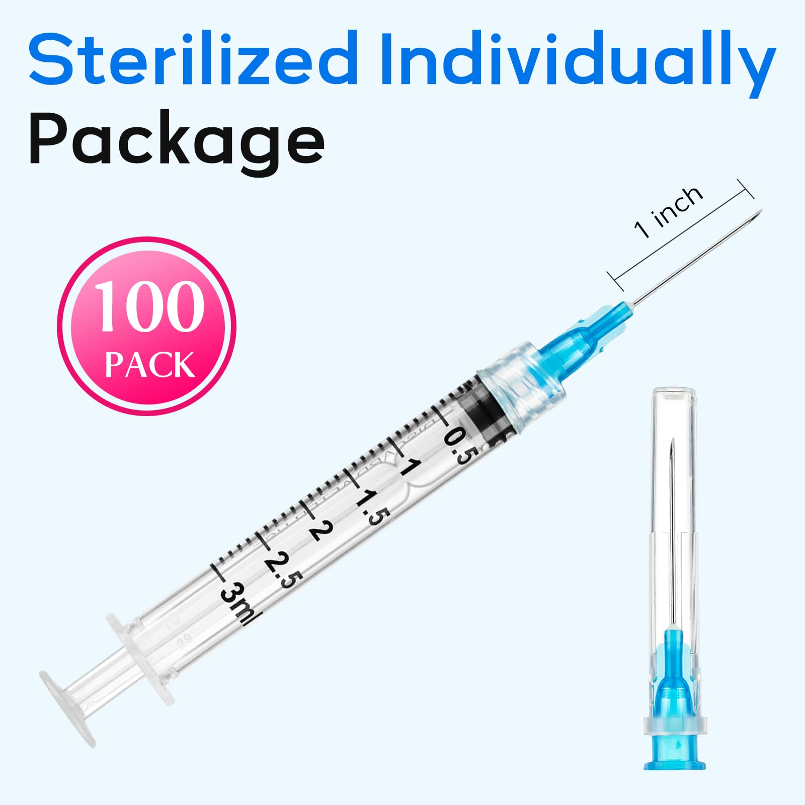 100 Pack Disposable 3ml/cc Lab Syringes with 23Ga 1 Inch Needle Luer Lock, Individually Sealed Packed. 100PACK — Amazon image 4
