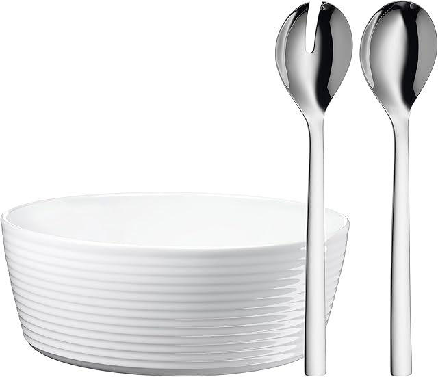 WMF Nuova 3-częściowy zestaw misek do sałaty, 30 cm, z miską do sałaty, polerowana stal szlachetna Cromargan, porcelana, nadaje się do mycia w zmywarc