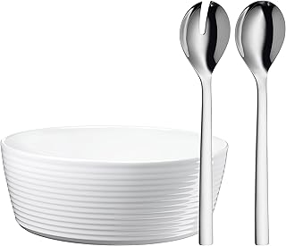 WMF Nuova Salatschüssel Set 3-teilig, Salatbesteck Edelstahl 30 cm mit Salatschale, Cromargan Edelstahl poliert, Porzellan, spülmaschinengeeignet