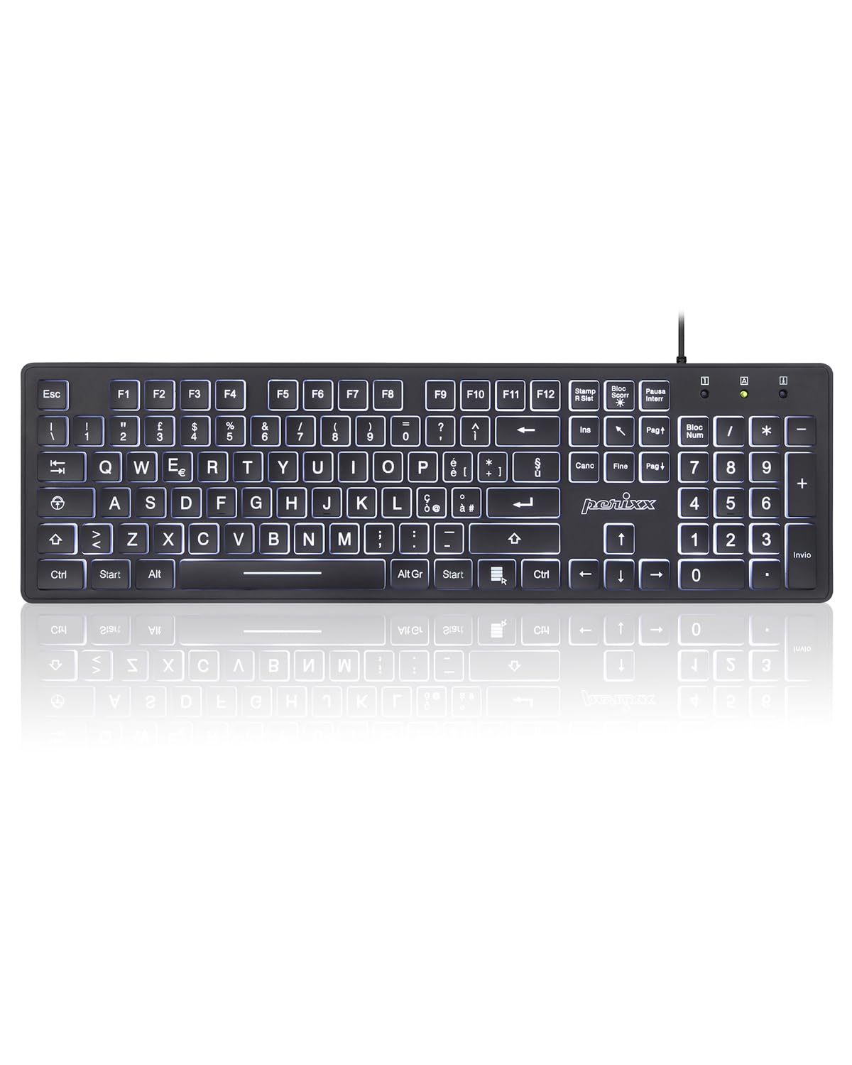 Perixx PERIBOARD-317 Tastiera Retroilluminata LED Bianchi USB Cablata, Full-size, Lettere grandi, Layout Italiano QWERTY