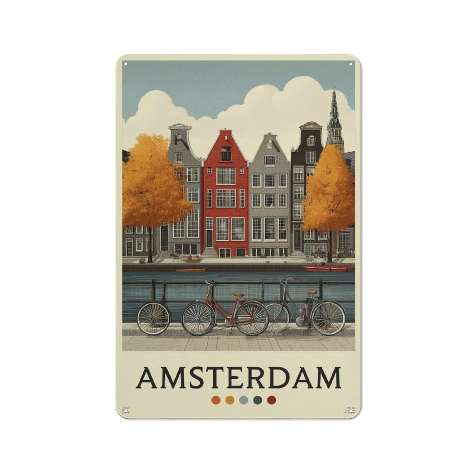 Junmoney Amsterdam Canals & Bikes Rustic Metal Wall Sign 30X20cm For Home Office Or Studio, For Garage, Workshop And Man Cave Decoration