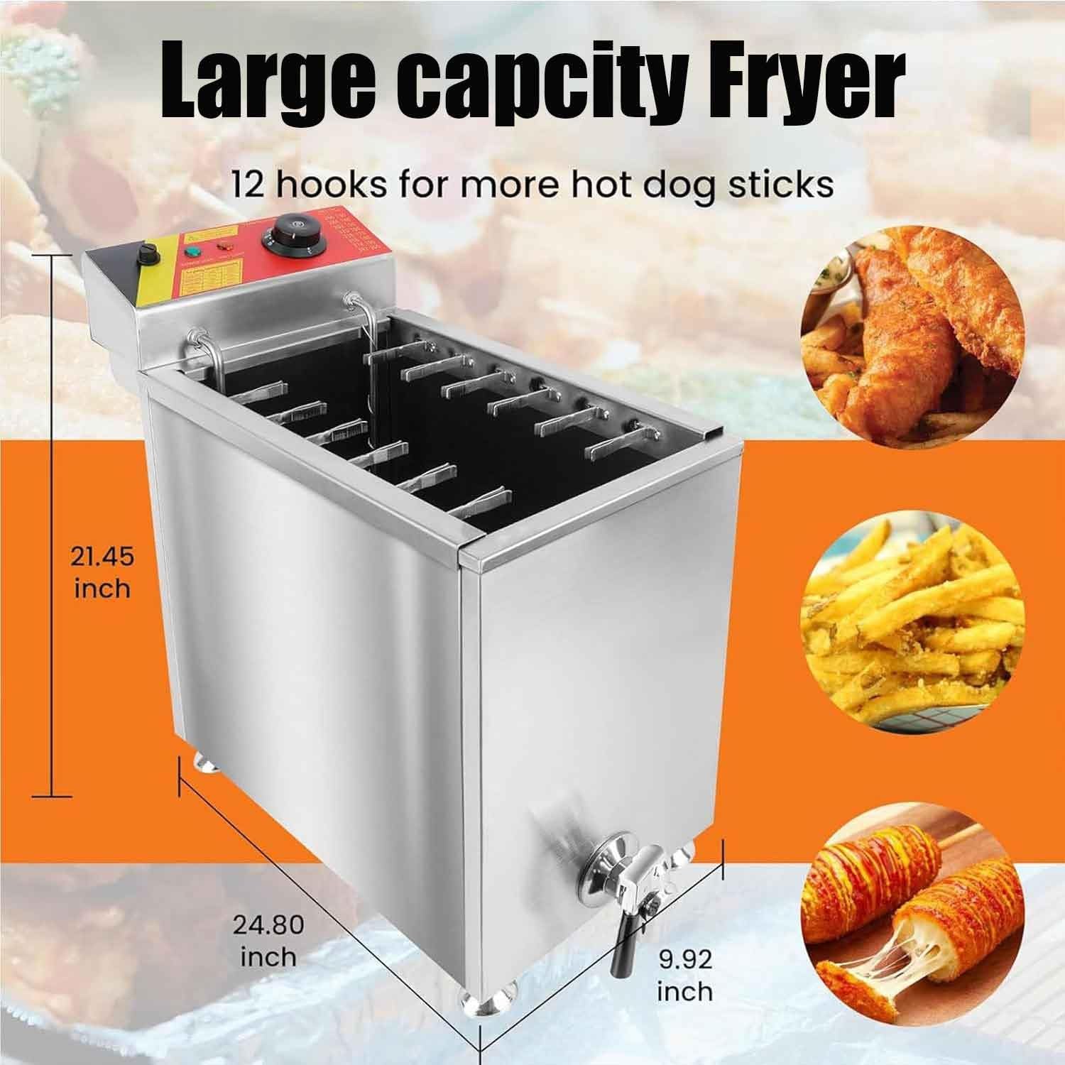 Friggitrice elettrica Professionale per Hot Dog, Macchina per Hot Dog e Bastoncini di Waffle in Acciaio Inox con 12 Ganci, Grande capacità per ristoranti e Uso Dom,