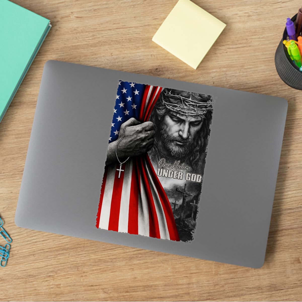 Naklejka samochodowa Premium One Nation Under God Jesus amerykańska flaga – chrześcijańska patriotyczna winylowa naklejka na okno, religijny Jezus naklejka na samochód ciężarowy SUV na tylną szybę