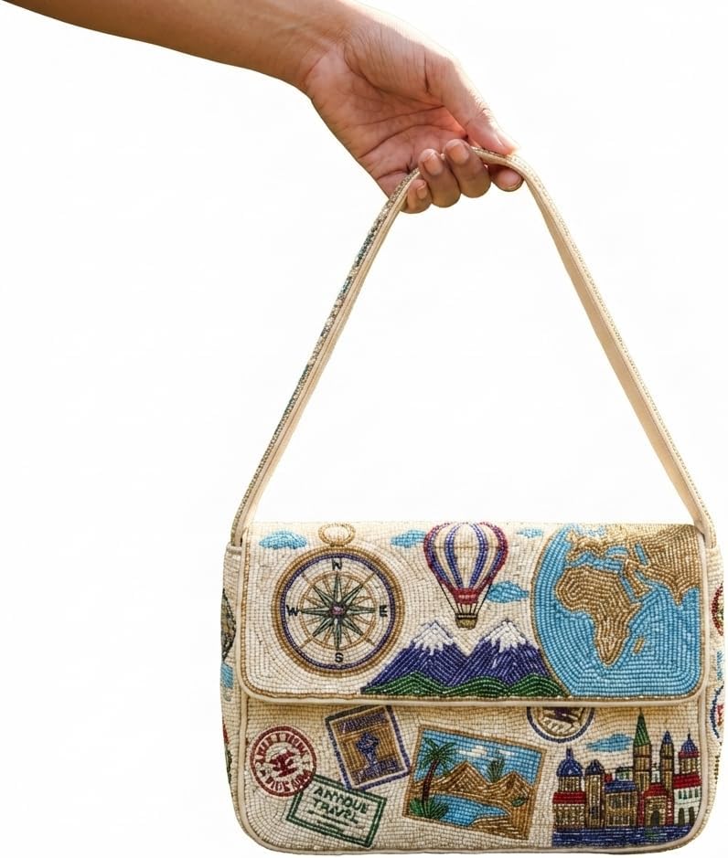 Handmade Beaded Shoulder Bag for Women – Vintage Travel Theme Seed Bead Purse with Map, Compass, and Hot Air Balloon Design – Artisanal Embroidery Statement Handbag, 10x6 Inch
