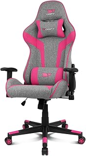 DRIFT GAMING DR90 – Ergonomischer Gaming-Stuhl mit Kopf- und Lendenstütze, 135° neigbare Rückenlehne, 2D-verstellbare Armlehnen, atmungsaktiver Stoff, Nylonbasis und Gasfeder Klasse 4, grau/rosa