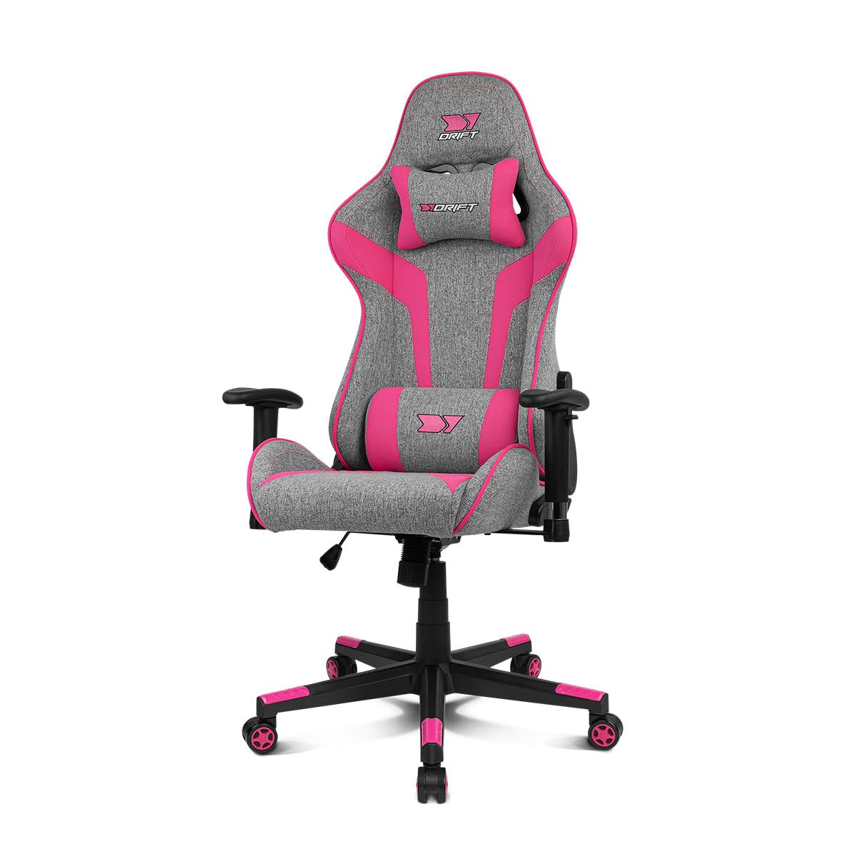 Drift Gaming DR90 – Silla gaming ergonómica con reposacabezas y lumbar, respaldo reclinable 135°, brazos 2D ajustables, tejido transpirable, base de nylon y pistón de gas clase 4 – Gris/Rosa