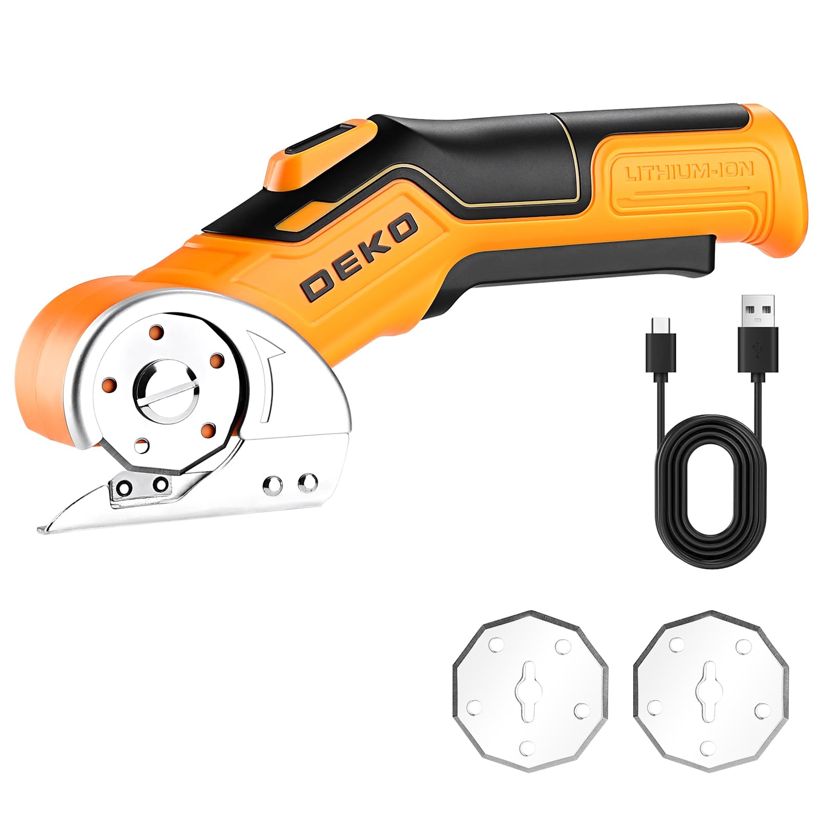 【2 Blades Included】 Cordless Electric Scissors Cardboard Cutter: DEKOPRO 3.7V 2000mAh Electric Box Cutter, Rechargeable Power Rotary Cutting Tool with Safety Lock, 389g Carpet Scissors, Type-c(Yellow)