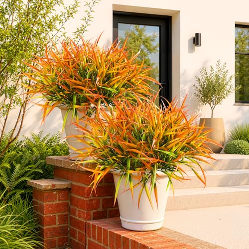 Uieke 28 Bundles Artificial Outdoor Plants UV Resistant Fake Grass Plants Faux Plastic Plants Greenery Shrubs for Home Garden Pathway Window Box Front Porch Cemetery Fall Decor, Autumn Orange