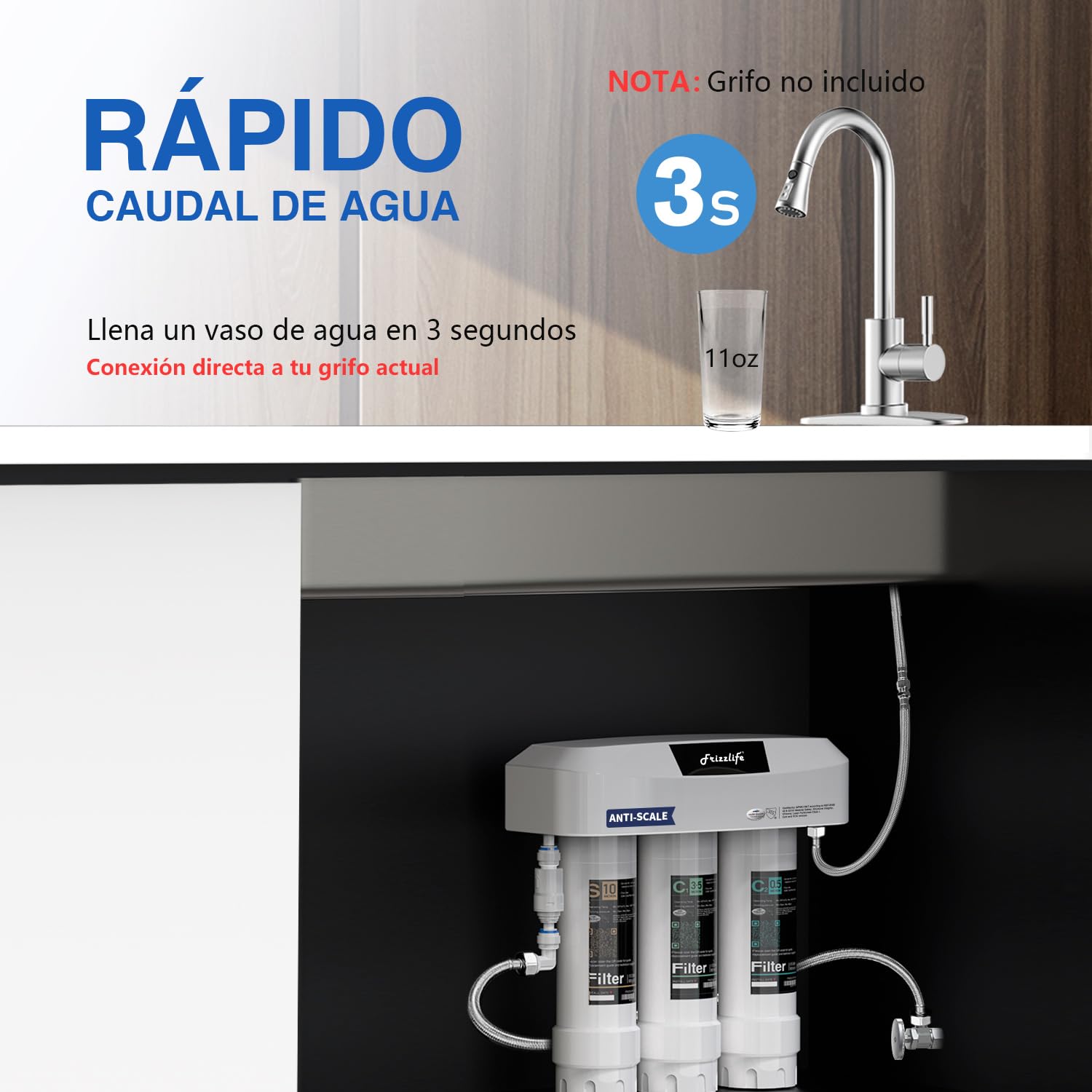 Frizzlife Sistema de filtración de agua bajo fregadero, certificado NSF/ANSI 53, 42 y 372, filtración de 0,5 micras en 8 capas, reduce cloramina, PFOA/PFOS, plomo, cloro, mal sabor y olor, SK99