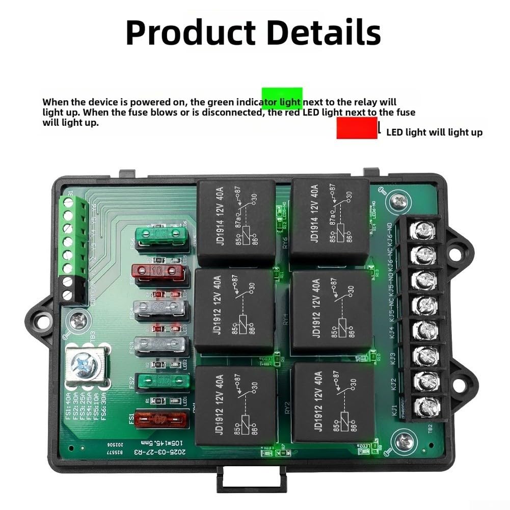 Zoegneer Caja de relé de fusibles automotrices de 6 vías de 12 V con 14 eslabones de fusibles medianos, luces indicadoras LED, carcasa de nailon resistente al fuego, terminales de cobre, diseño
