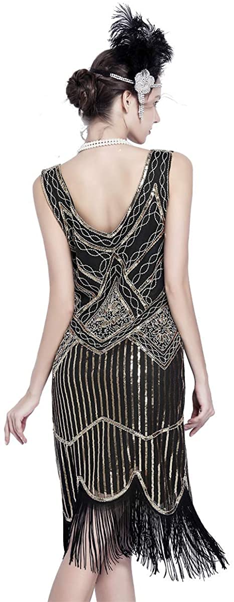 MIMIKRY Robe Charleston à paillettes pour femme Noir/doré
