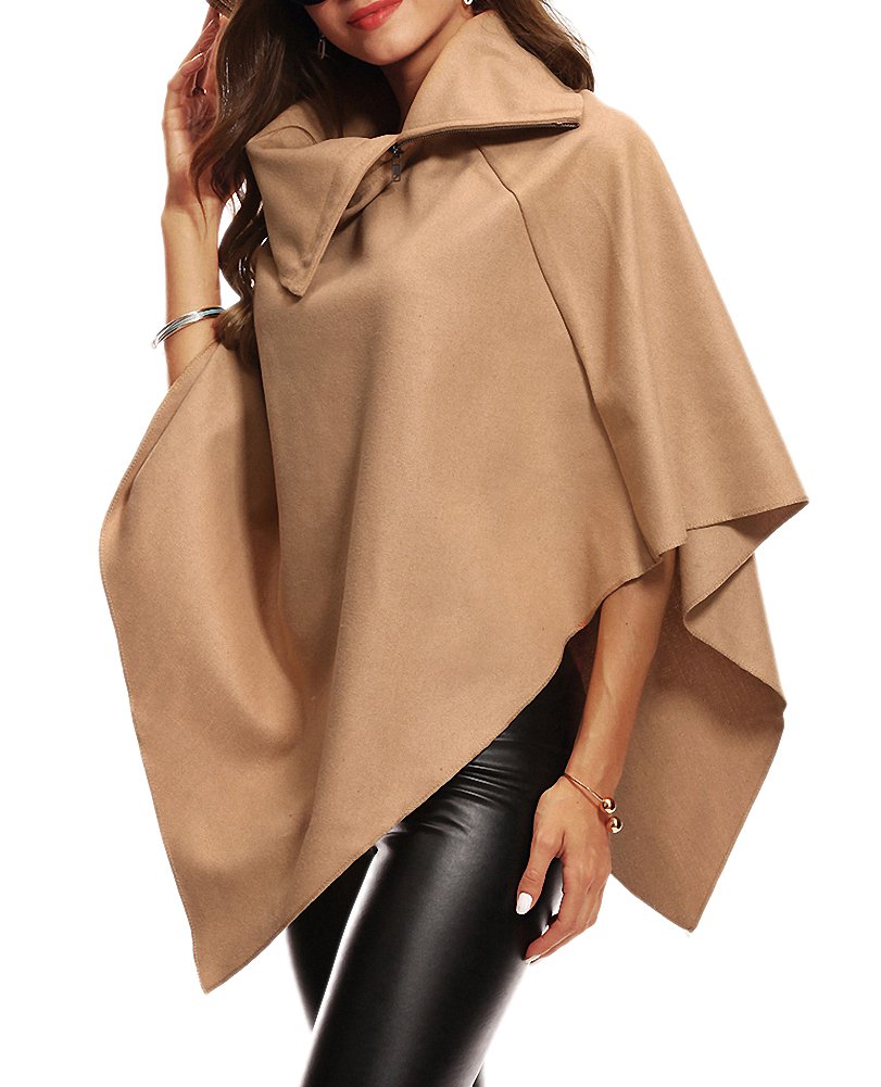 AfibiWomens Solid Wool Hooded Turn-Down Poncho Jacket Cloak Coat
