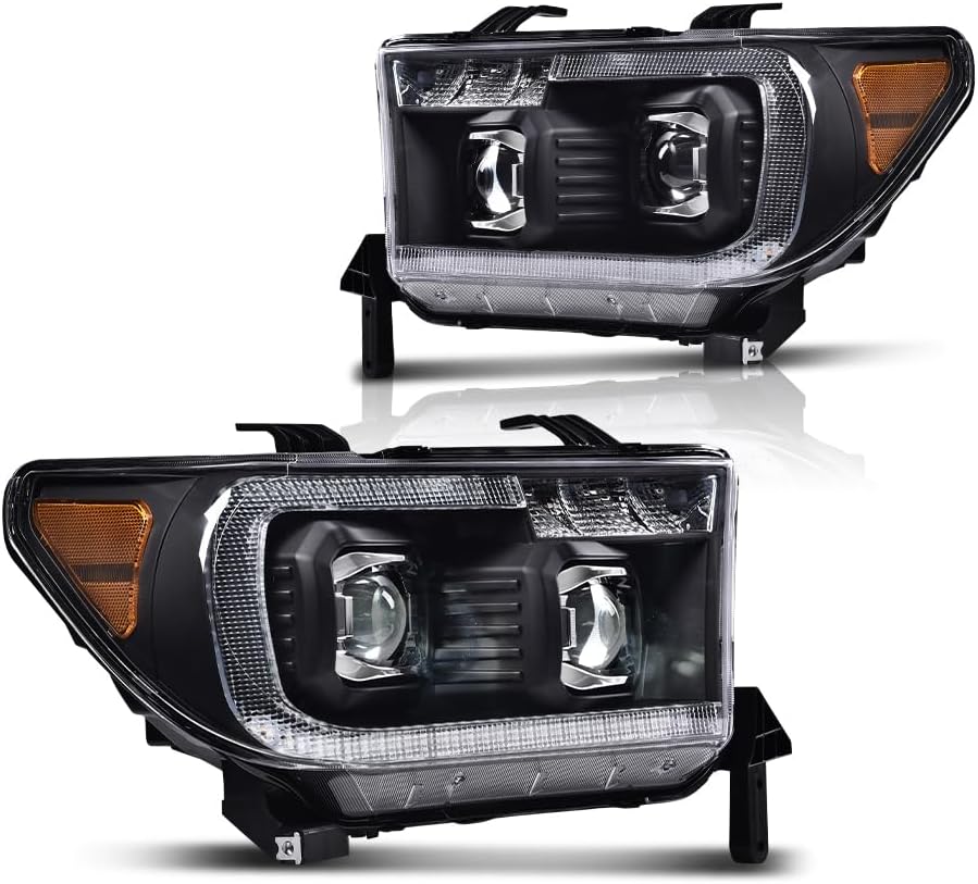 CHEDA LED Tube Projector Headlights Compatible With Toyota 07-13 Tundra /08-17 Sequoia Left & Right Sides (Clear Lens Black Housing Amber Reflector) Headlamp Assembly Faros Conjunto De Faros