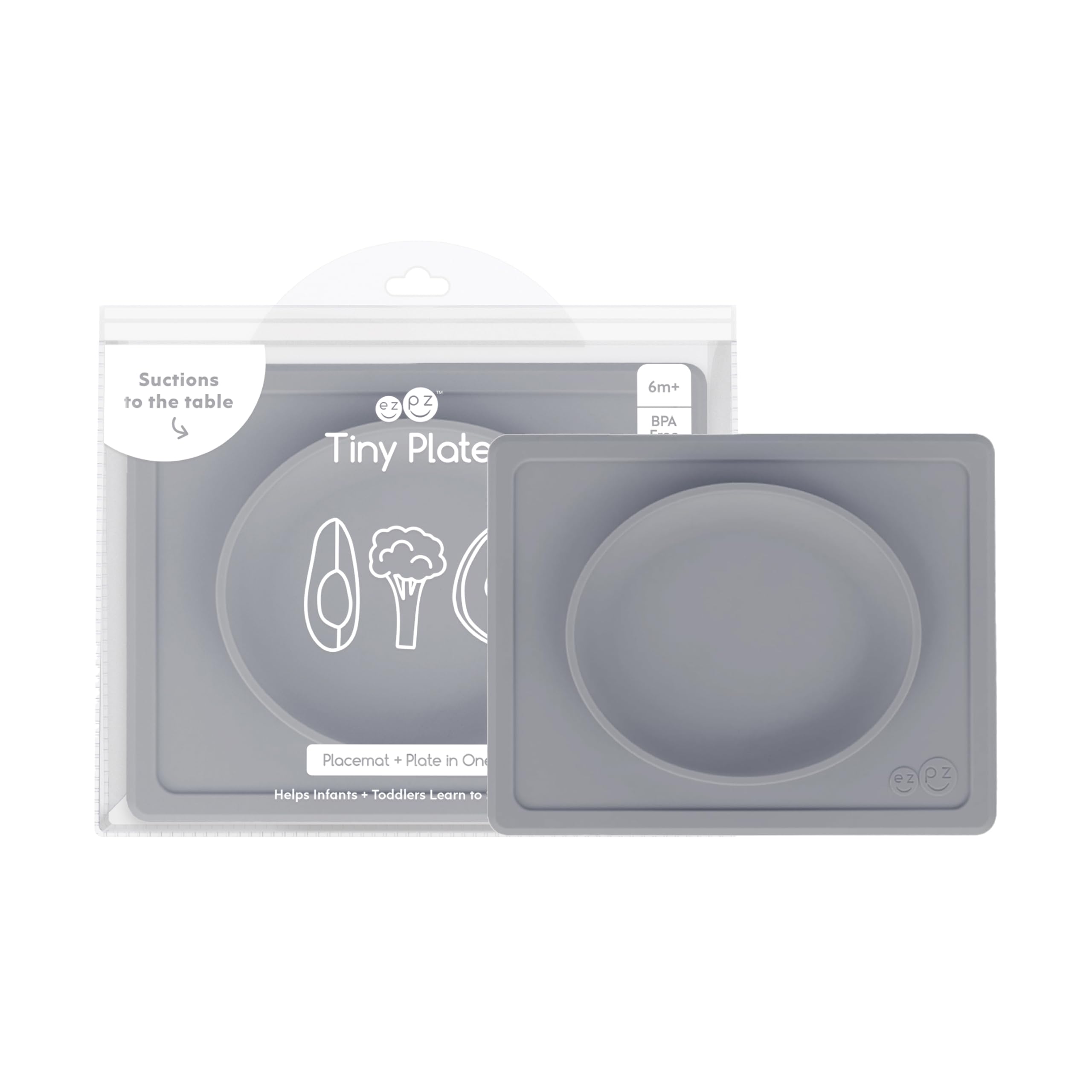 ezpz Tiny Plate - 100% Silicone Suction Plate with Built-in Placemat for First Foods + Baby Led Weaning - Fits on Most Highchair Trays - 6 Months+ (Gray)