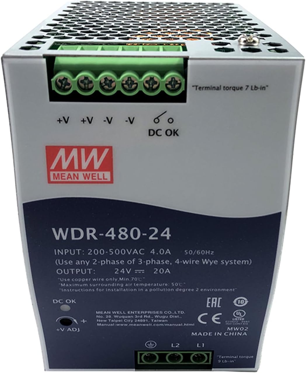 WDR-480-24 24V 20A 480W Single Output DIN Rail Industrial Power Supply AC-DC, Reliable Performance, Compact Design, Wide Input Voltage