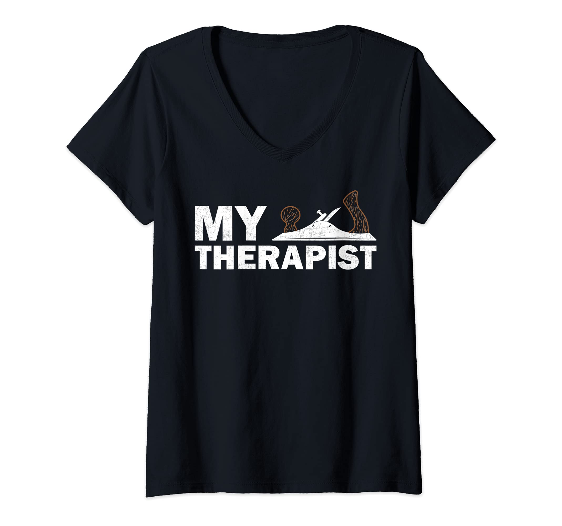 Womens Funny Wood Planer Woodworking My Therapist V-Neck T-Shirt, Black