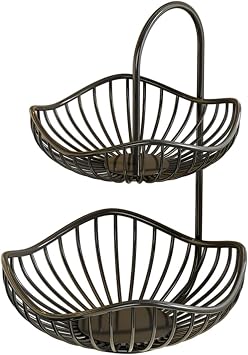 2 Tiered Fruit Basket Basket Tray Modern Efficient Organization Kitchen Black Countertop Organizer Sturdy Iron Fruit Bowl, 30cmx40cm
