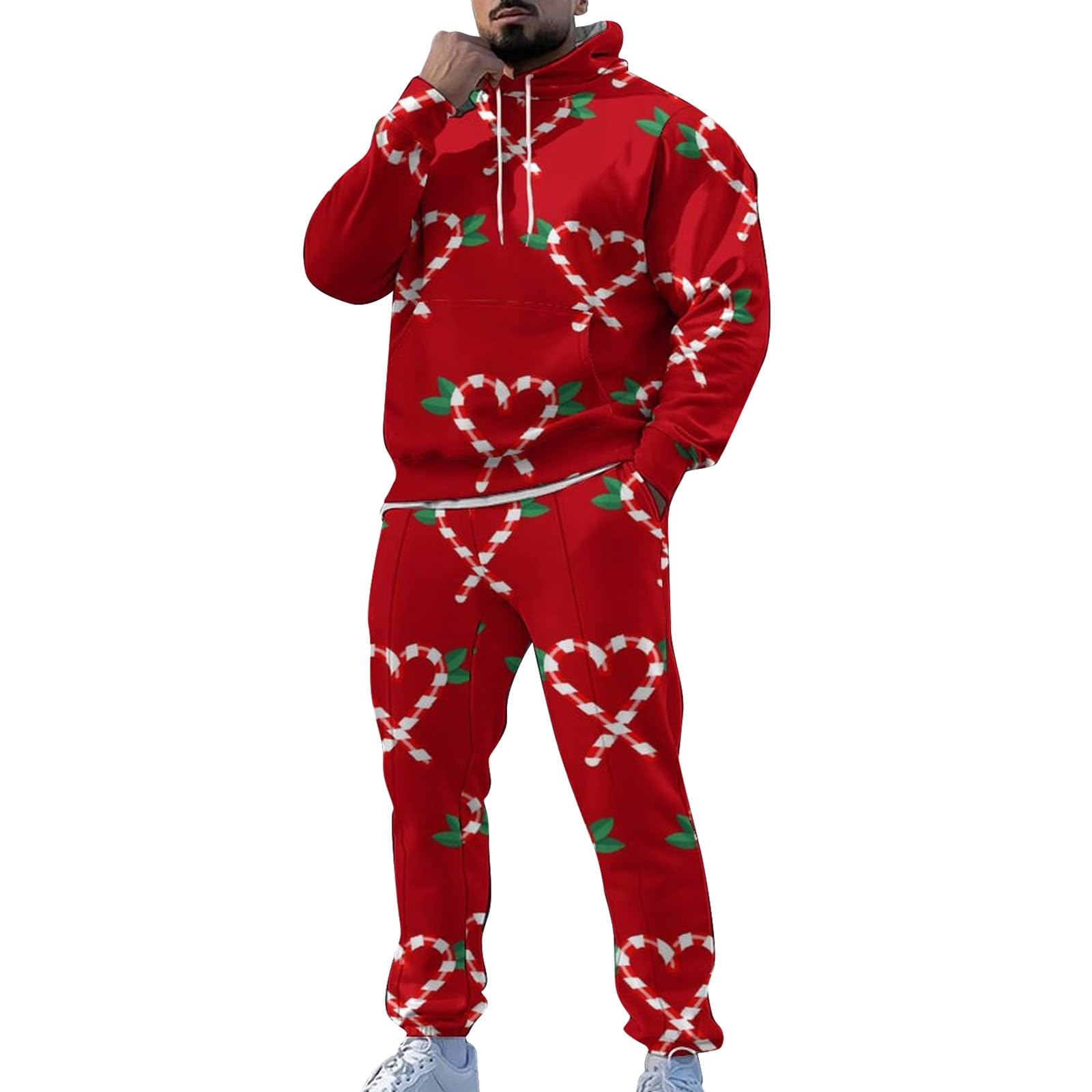 Conjunto de 2 piezas de Navidad para hombre, divertido chándal de Papá Noel de gran tamaño, sudadera de manga larga con capucha y pantalones deportivos, conjuntos de correr, para vacaciones, gimnasio