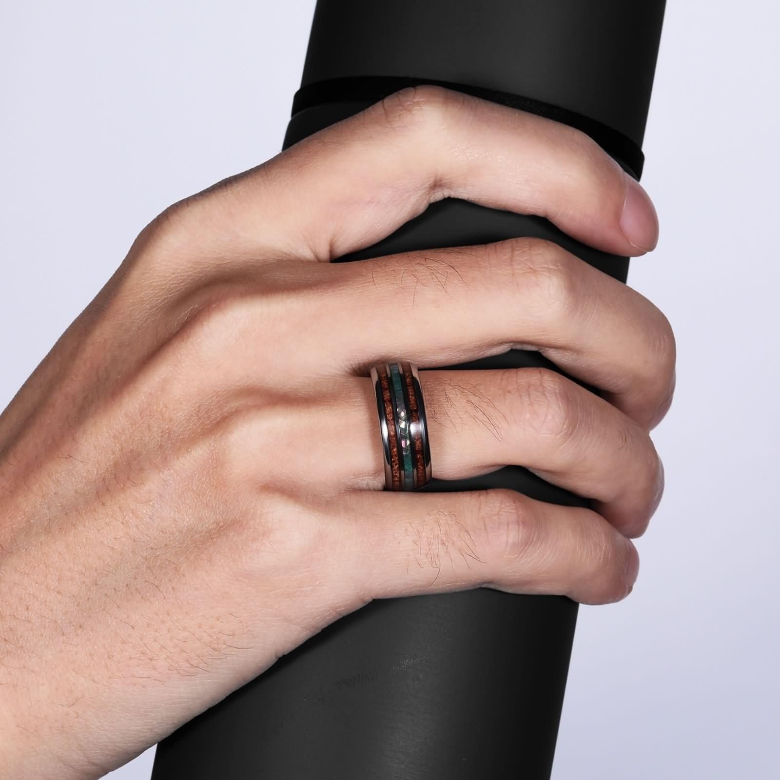 Anillo de Tungsteno Grabados para Hombre, 8MM Redondo con Concha y Grano de Madera Anillo Matrimonio Plata Hombre