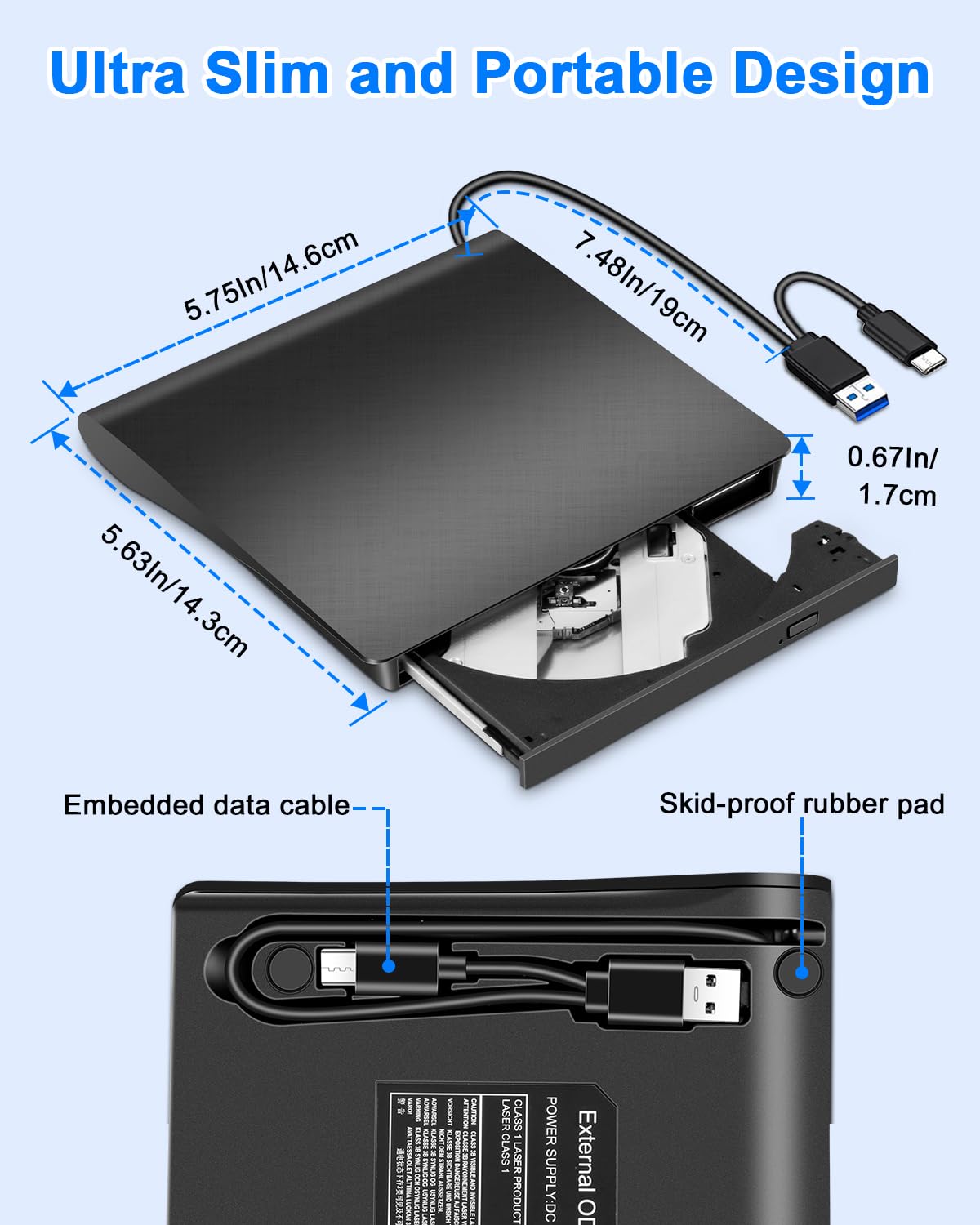 LMEN Odtwarzacz Zewnętrzny DVD CD USB Napęd CD DVD Drive z USB 3.0 I Type-C, Przenośny Czytnik Player CD DVD +/- R/RW/ROM do Komputera Laptopa/Windows 11/10/8/7/Vista/XP/Mac OS/Vista/Linux, Czarna