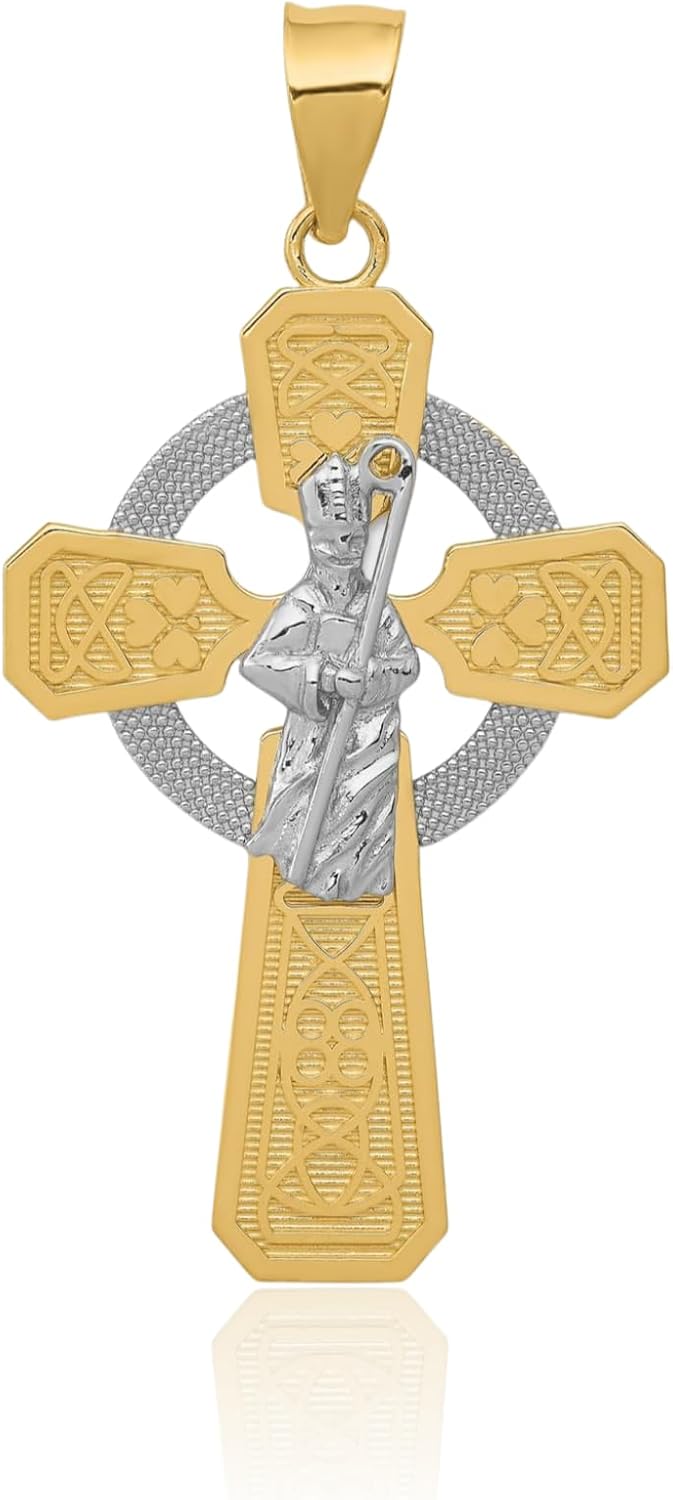 IceCarats 14K Solid Two Tone Gold Extra Large Saint Patrick Celtic Claddagh Cross Heart Pendant Necklace 48mm 1 7/8 inch Polished, Textured For Her For Him