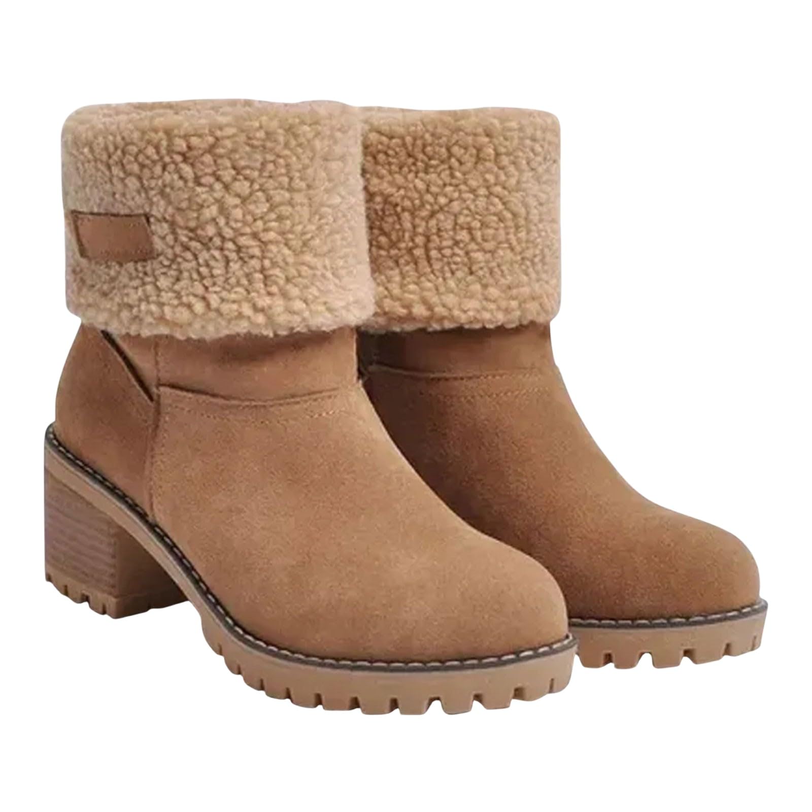 Women Cute Warm Short Boots Comfortable Slip On Shoes Mid Chunky Heel Suede Warm Boots Round Toe Ankle