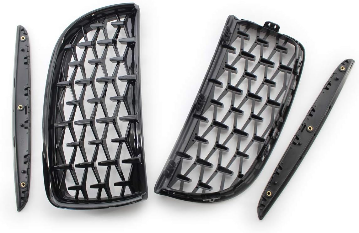 GSRECY Pair Front Hood Kidney Grille Compatible with BMW 2005-2008 E90 E91 325i 328i Sedan Wagon 4 Door (Diamond-Gloss Black)