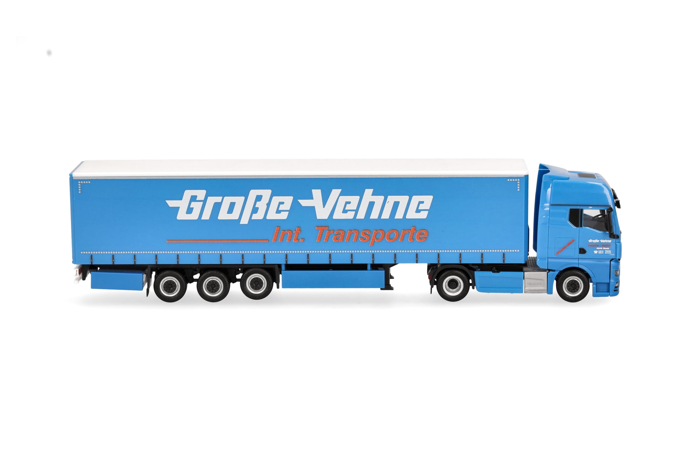 Herpa Model ciężarówki MAN TGX GX naczepa plandeka "Große-Vehne", miniatura w skali 1:87, kolekcjonerski, Made in Germany, plastik