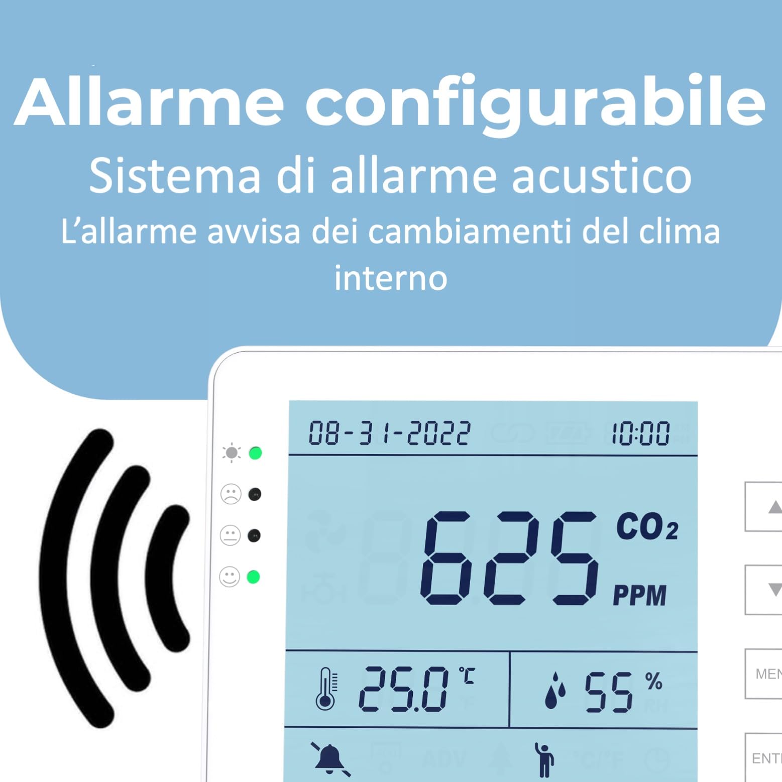 Detector 3 en 1 – Medidor CO2 Temperatura Humedad RH | Batería 10h | SA1300P | Sensor NDIR | Registrador de datos con alarma | para casa y ambientes interiores | Registrador de datos | Dióxido de