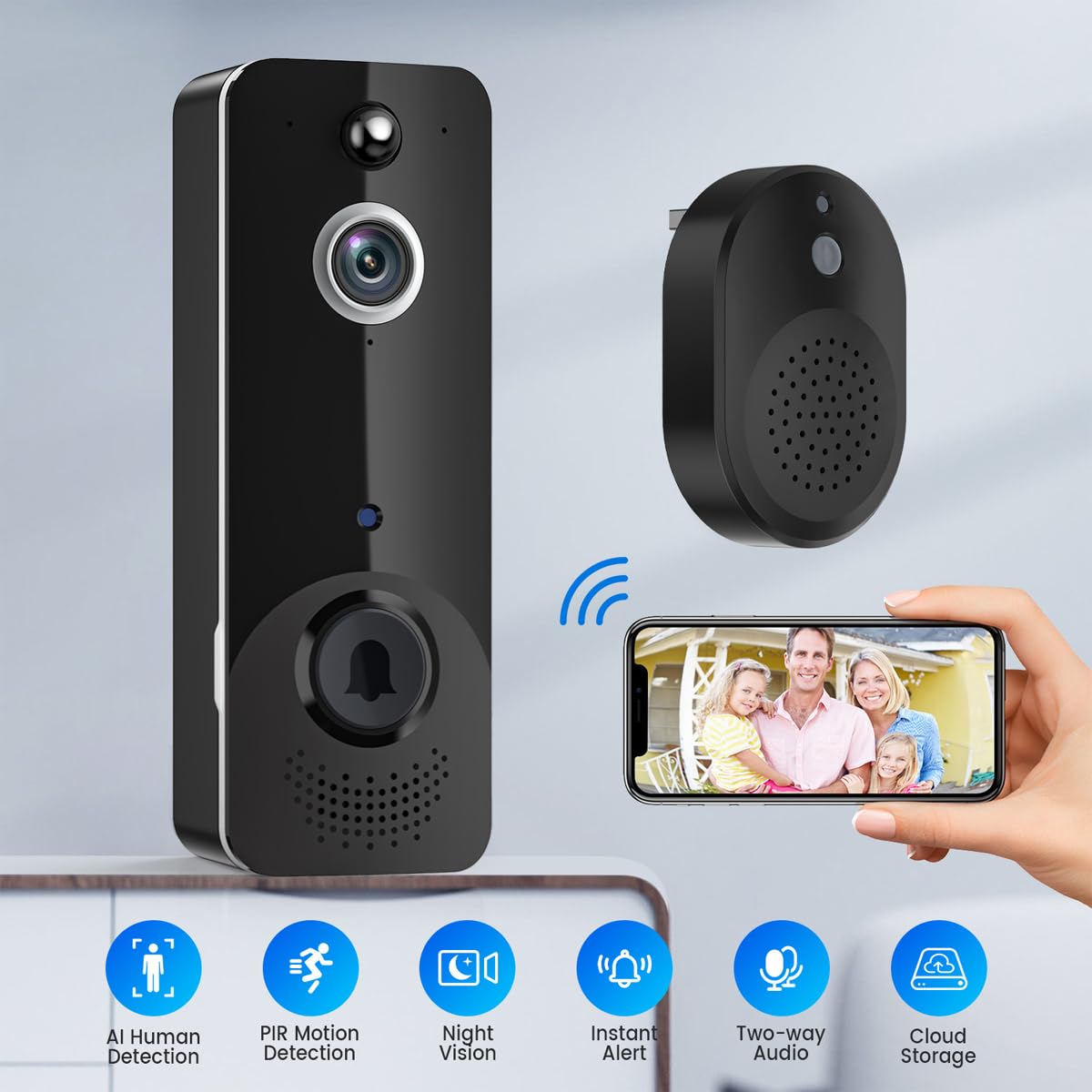 Sonnette vidéo avec caméra, Sonnette vidéo sans Fil HD avec Sonnerie, Sonnette Intelligente avec Batterie, Vision Nocturne, Judas électronique à Distance