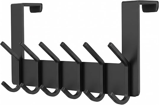 Over The Door Hooks Heavy Duty Stainless Steel Door Hanger with 6 Double Hooks for Hanging Towels, Coats, Robes, Hats, Bags No Drill Over Door Towel Rack for Bathroom & Bedroom - Black