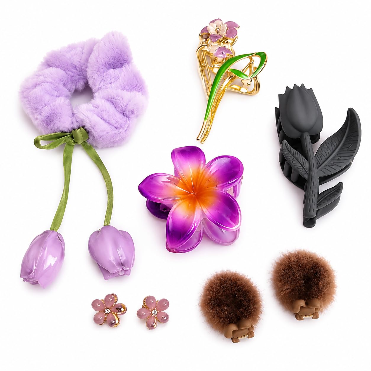 Girls' Botanical Hair Accessory Combo Set Premium Metal Flower Claw, Plush Charm Scrunchie, & Cute Mini Gripper Styling Pack (Lavender & Charcoal Tulip - Hair Accessories Combo)-image-42