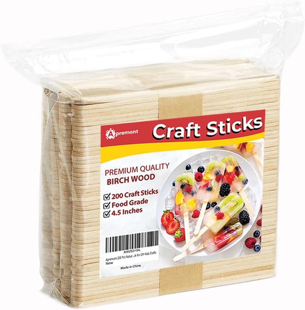 APREMONT 200 Pcs Natural Wooden Food Grade Craft Sticks - Ice Cream Stick - Popsicle - 4.5 inch Length - Suit Crafting, Stirring, Paddle, Waxing, Small Ice Pop Stick for DIY Kids Popcicle -