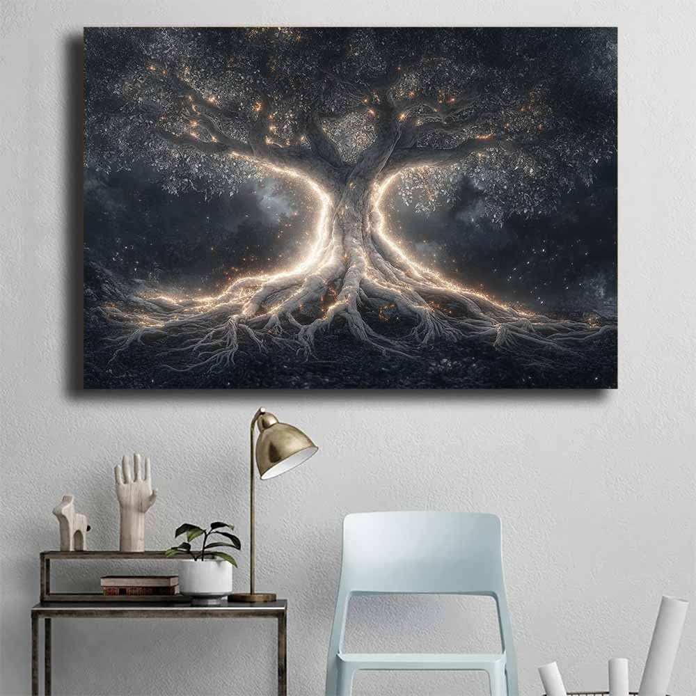 HUYEEI Abstrakcja Drzewo Życia Okrągły halo Drzewo Obraz na płótnie Włóknina Dekoracja ścienna - Nowoczesne obrazy do salonu - Plakat (biały 164)-60 x 80 cm oprawiony