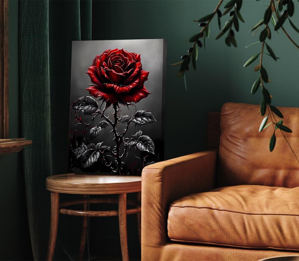 Framed Red Rose & Crow Wall Art 12x16 inch,Vintage Flowers Canvas Wall Art,Dark Academia Botanical Poster Prints,Romantic Rose Floral Decor for Living Room,Bedroom,Bathroom