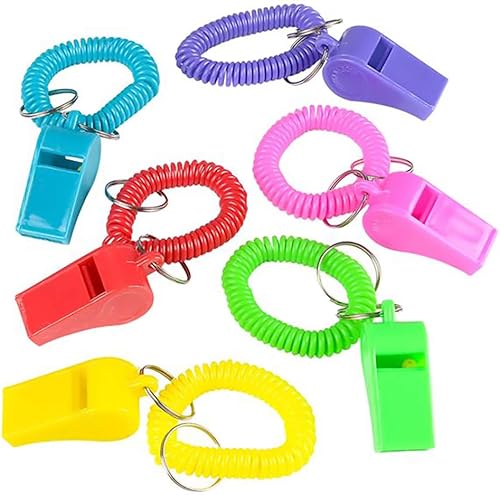 The Dreidel Company Pulseras surtidas de silbatos en espiral, silbatos para hacer ruido, 2 pulgadas (paquete de 12)