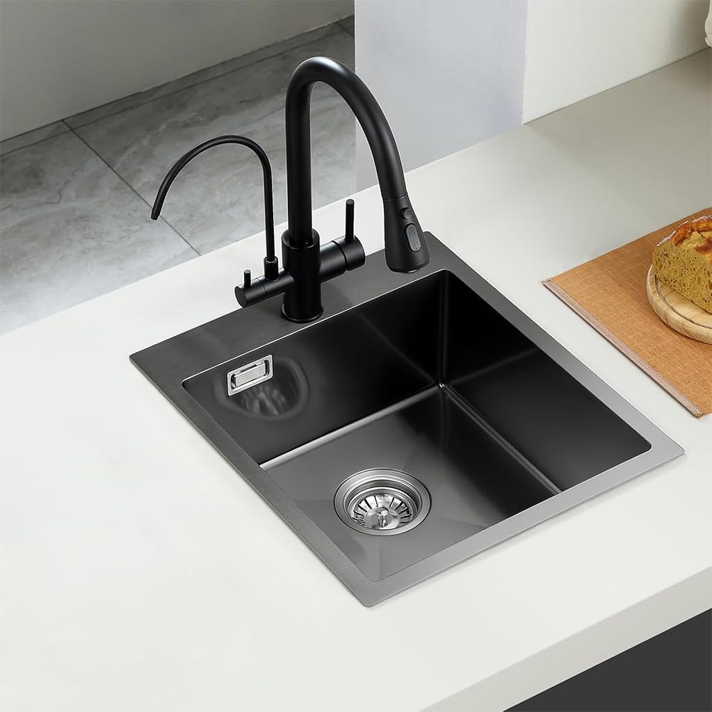 Lavello da incasso in acciaio inox 304, lavello singolo da lavoro, per camper, roulotte, camper, lavello da appoggio, 35 x 40 cm, colore nero