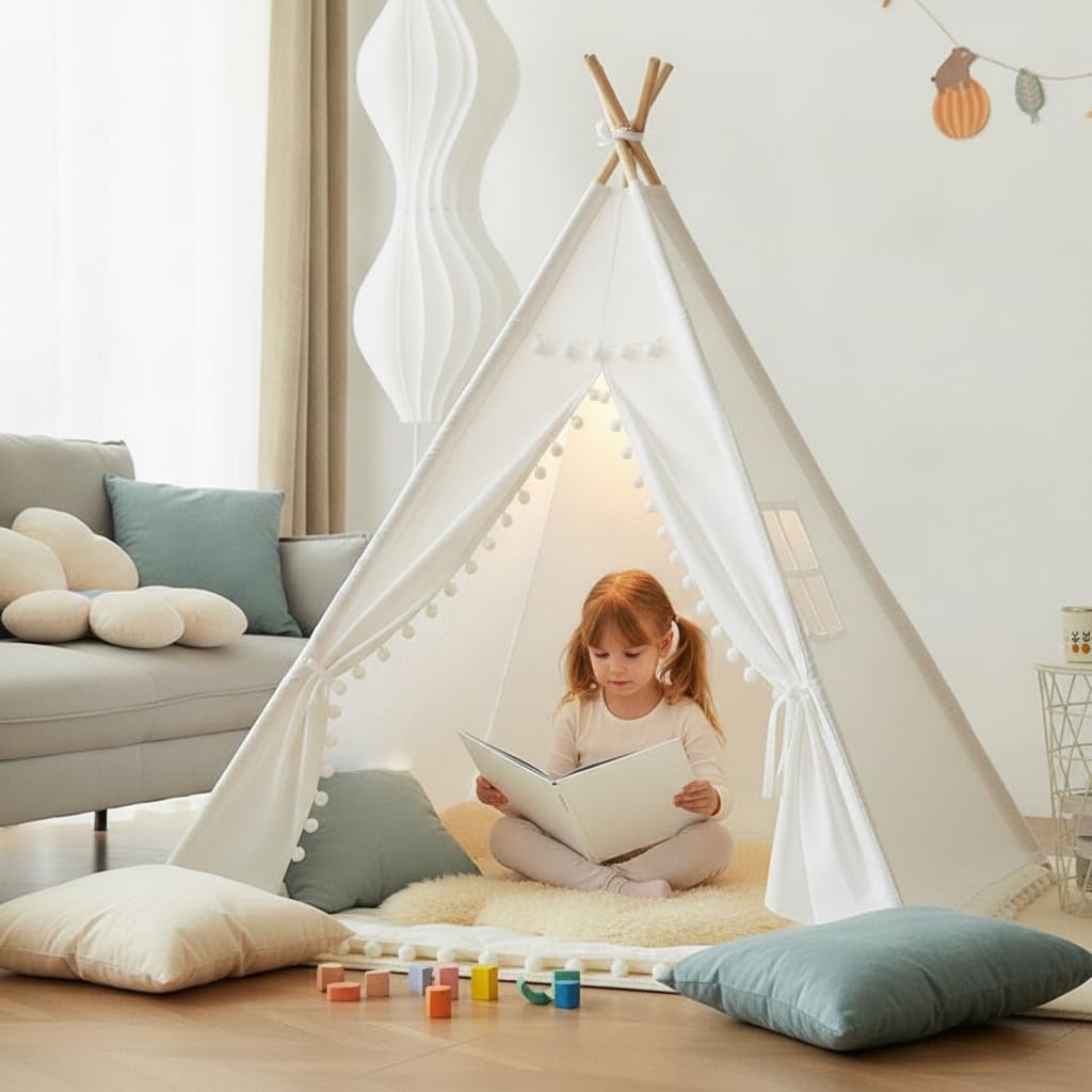 Tipi Zelt für Kinder Indoor aus Canvas und Holz – Gemütliches Spielzelt für Kinderzimmer mit Pompons als Kinderzimmer Deko