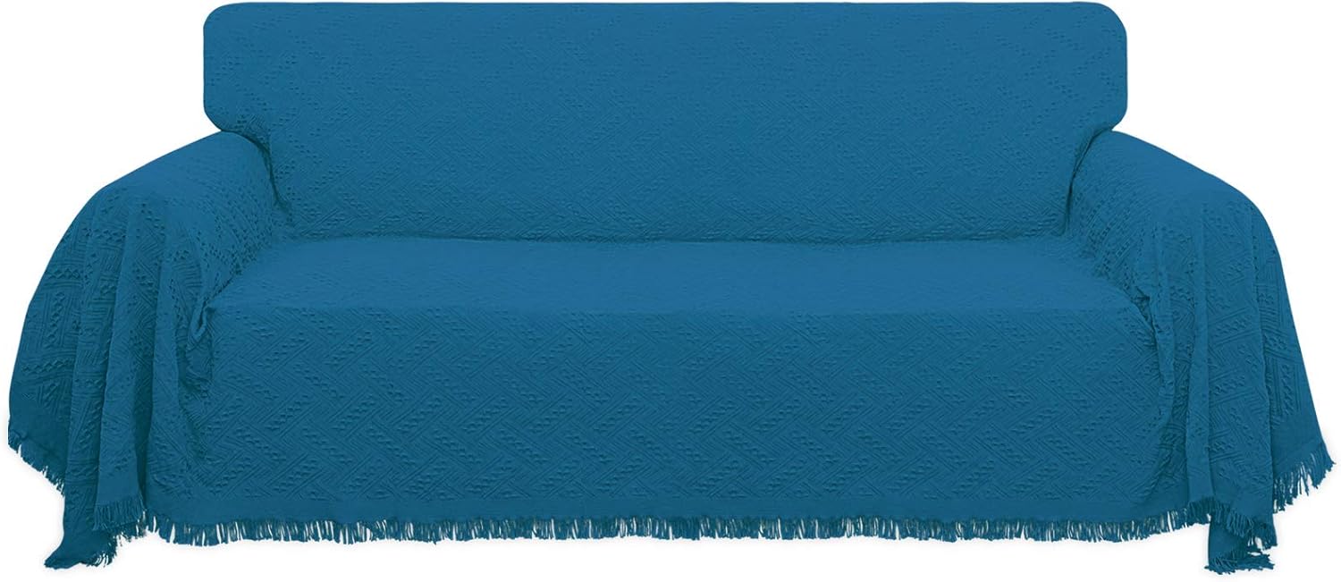 Easy-Going Geometrical Jacquard Sofa Cover, Couch Covers for 3 Cushion Couch, L Shape Sectional Couch Covers for Dogs, Washable Luxury Bed Blanket for Pets (X-Large,Peacock Blue)