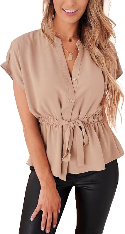 Blusas con botones para mujer, blusas informales de verano con peplum, blusa de trabajo de gasa elegante