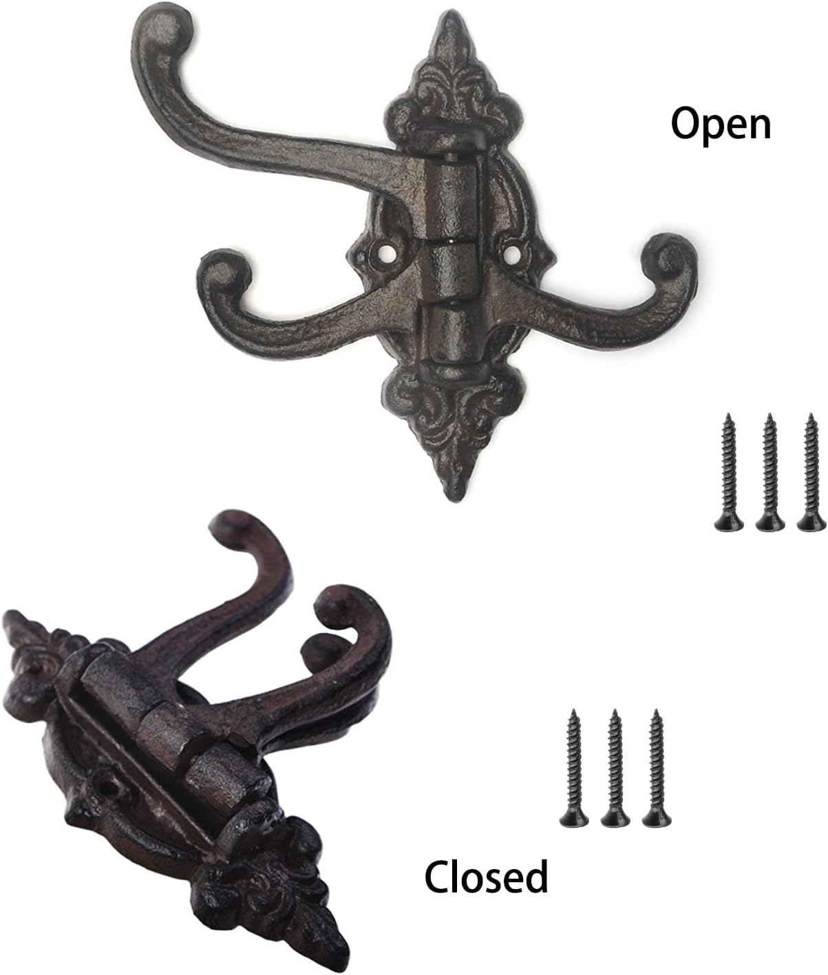 2PCS Vintage Cast Iron Wall Hooks Coat Rack Hooks Vintage Towel Hook Decorative Wall Hook Decorative Hooks Heavy Duty Coat Hooks 3 Swing Arm Swivel Coat Hook (Taper)