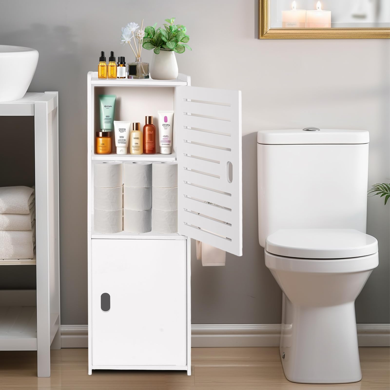 powerking 3 Nivel Baño Armario de Almacenamiento, Organizador Independiente con Puertas, Armario de Piso de Almacenamiento Blanco para Dormitorio, Aseo, Sala de Estar, Cocina, Balcón, Oficina