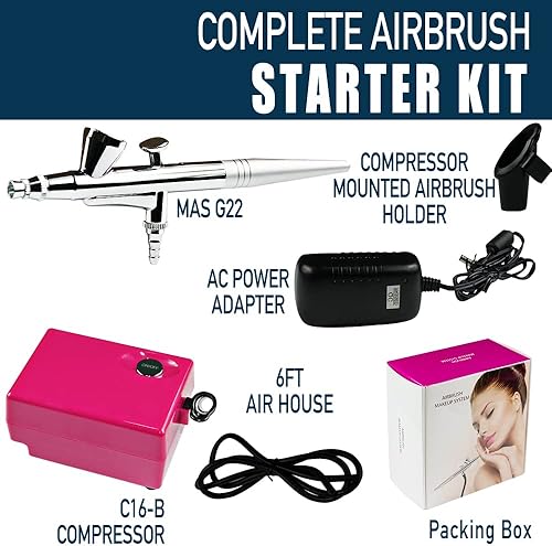 Vista 3 de Kit de compresor de aerógrafo de 3 niveles de presión ajustable con aguja y boquilla de 0.016 in de acción única, sistema de maquillaje