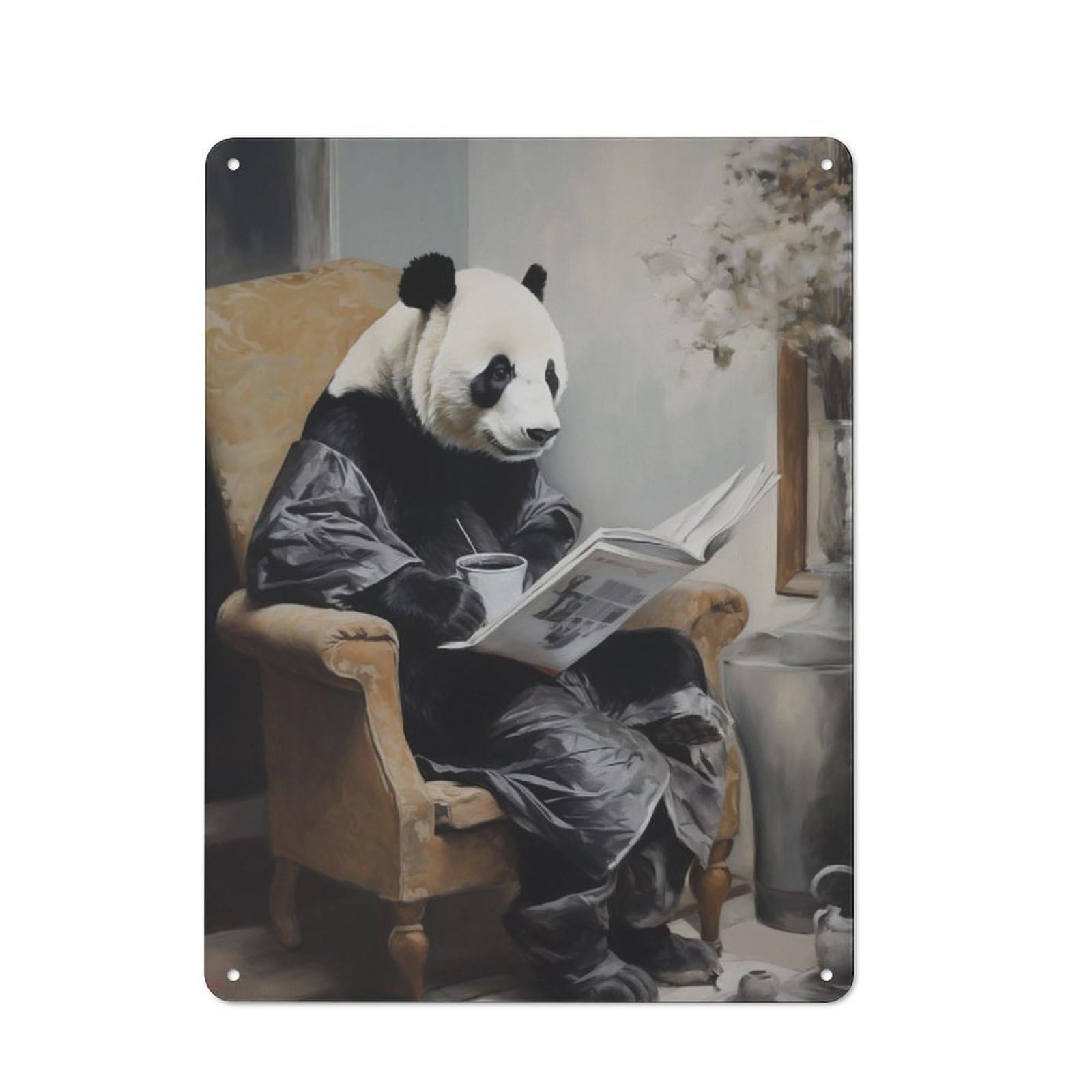 Retro Panda Reading A Newspaper Vintage Tin Sign 40x30cm, Retro Room Decor for Lounge, Study, Pub Or Wall Gallery