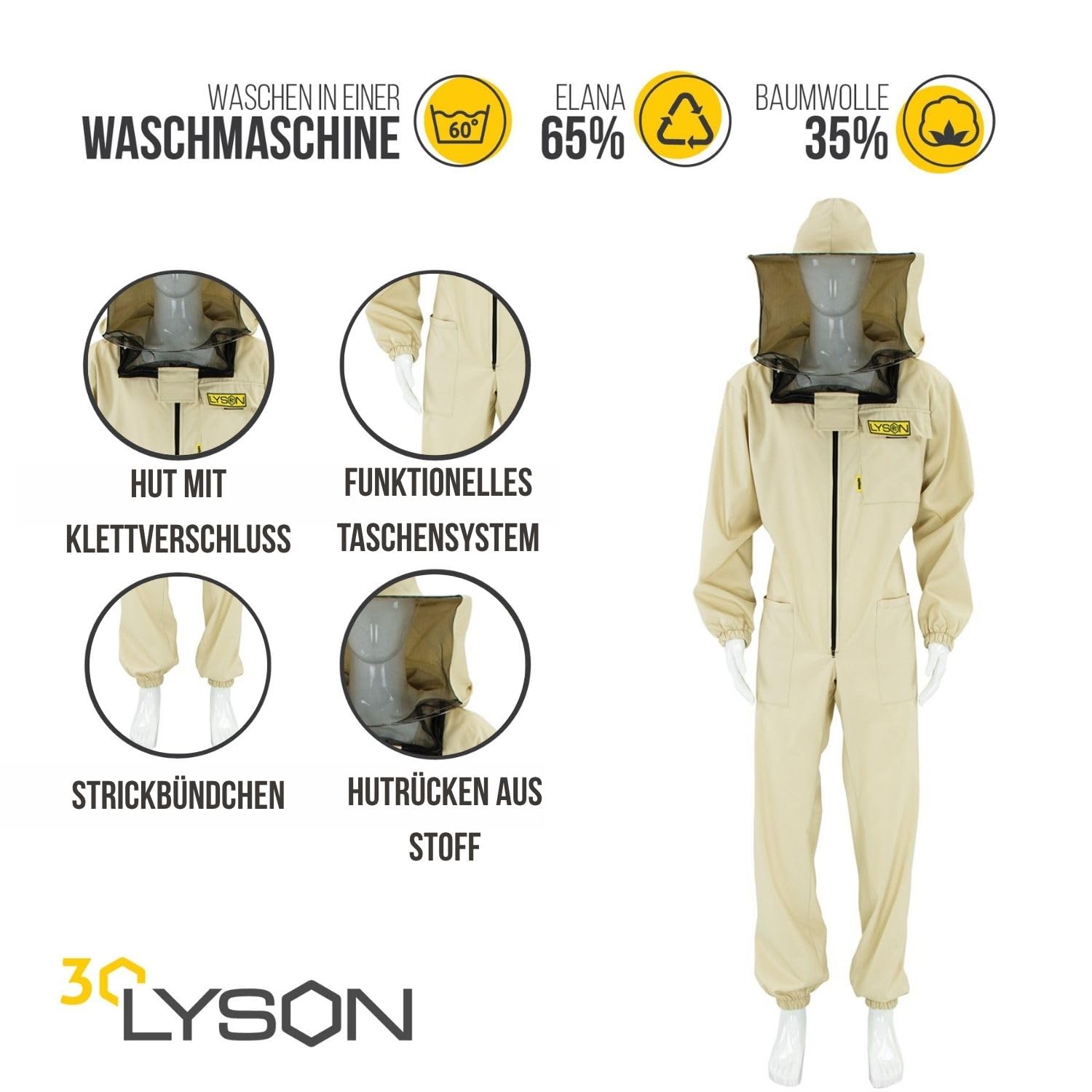 LYSON Imkeranzug mit abnehmarem Hut Rundschleier Berufsbienenanzug Imkeroverall Imkerbekleidung, schutz vor Bienen, Insekten Imkereibedarf Grösse (S-XXXL) Optima Line Imkerzubehör
